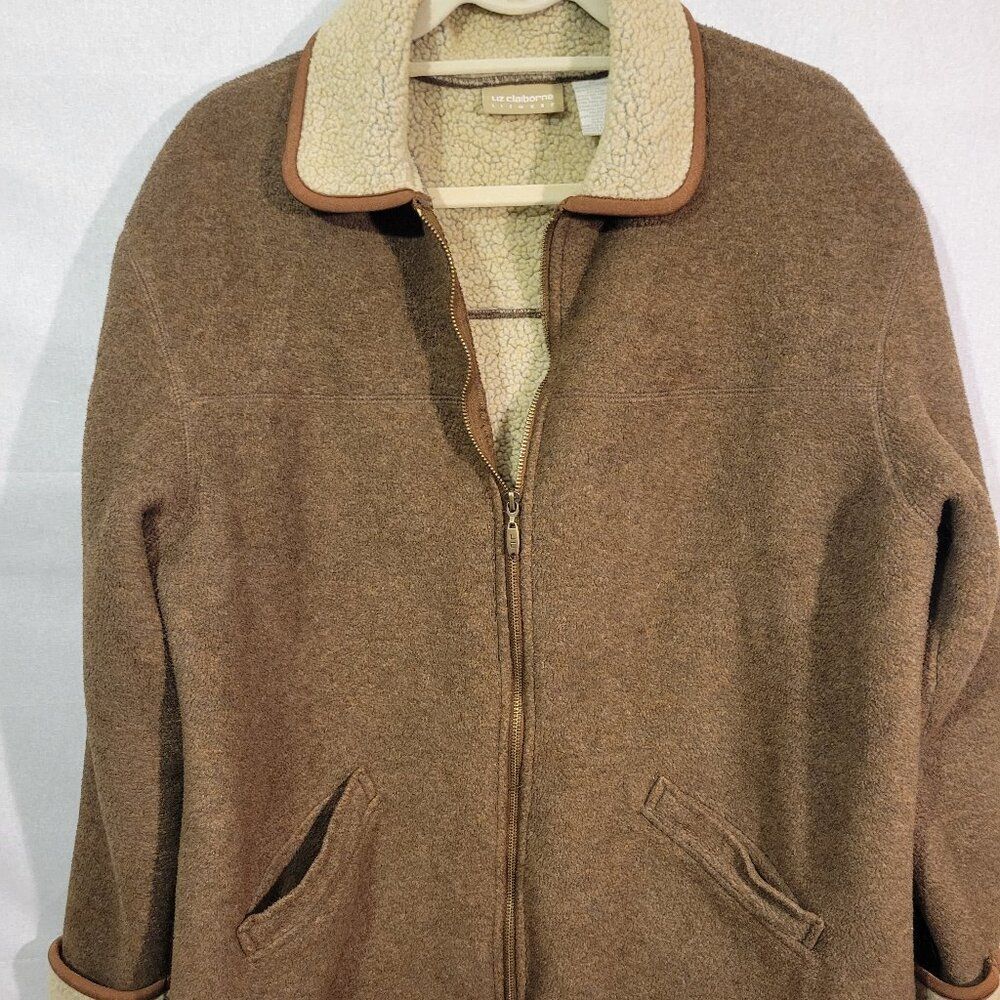 Liz Claiborne Brown Sherpa Lined Jacket Medium Fleece Zip Up Coat Cozy